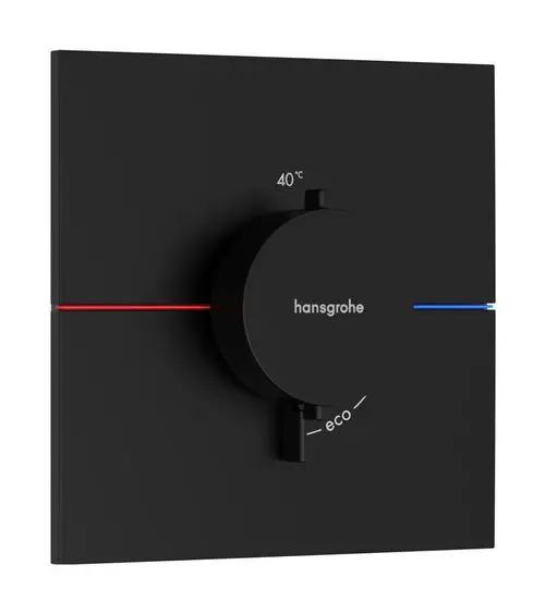 Thermostat in mattschwarz von Hansgrohe mit einem runden Drehregler in der Mitte. Anzeigebereich für Temperatur und Eco-Funktion in roter und blauer Linie.